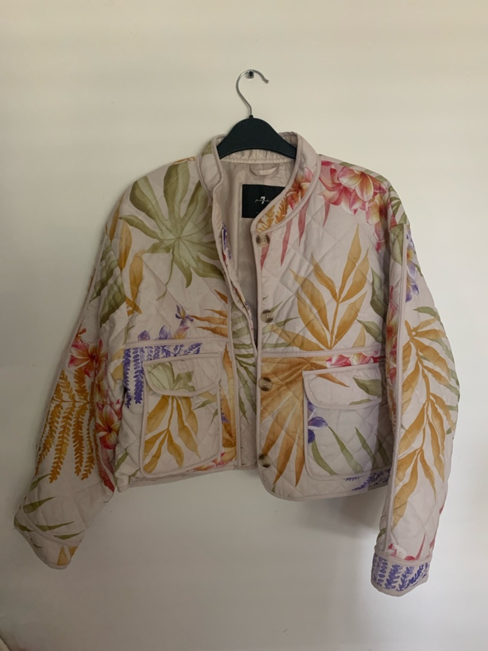 Floral Quilted Crop Puffer Jacket - Beige Botanical Print